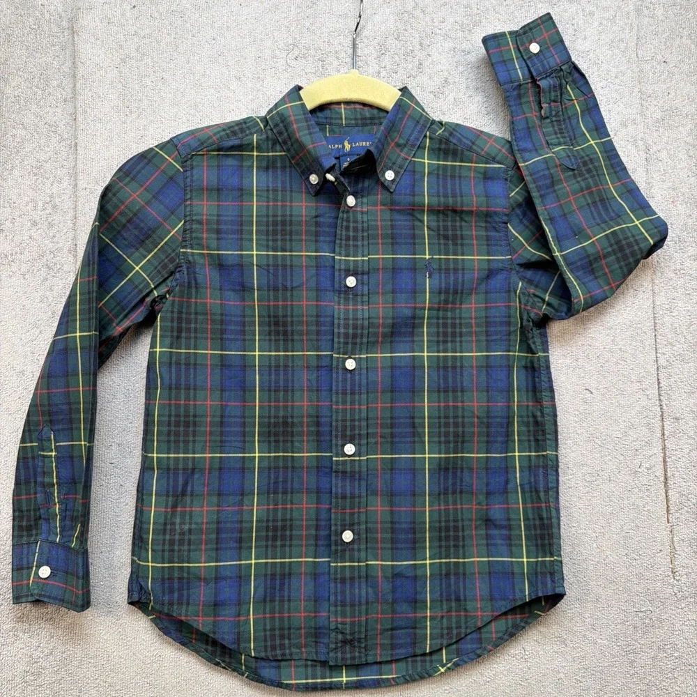 Ralph Lauren Boys Plaid Button Down Shirt Size 6‎ Blue Green Preppy